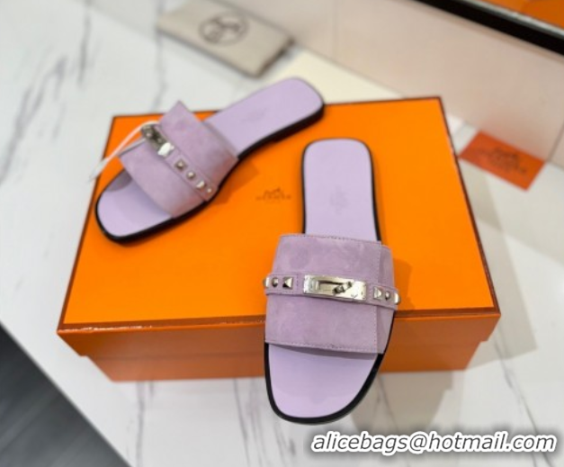 Unique Style Hermes Giulia Flat Slides Sandal in Suede with Kelly Buckle and Studs Purple 0421027