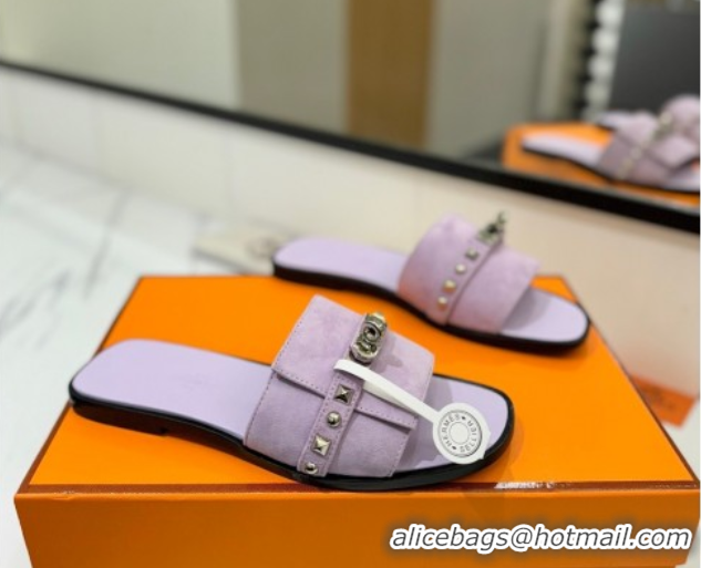 Unique Style Hermes Giulia Flat Slides Sandal in Suede with Kelly Buckle and Studs Purple 0421027