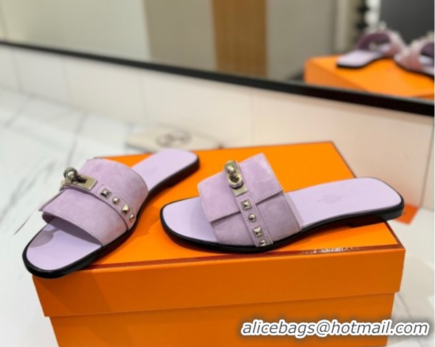 Unique Style Hermes Giulia Flat Slides Sandal in Suede with Kelly Buckle and Studs Purple 0421027