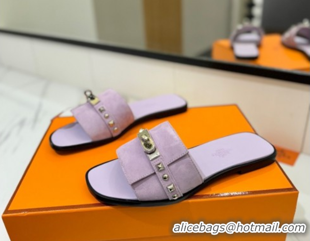 Unique Style Hermes Giulia Flat Slides Sandal in Suede with Kelly Buckle and Studs Purple 0421027