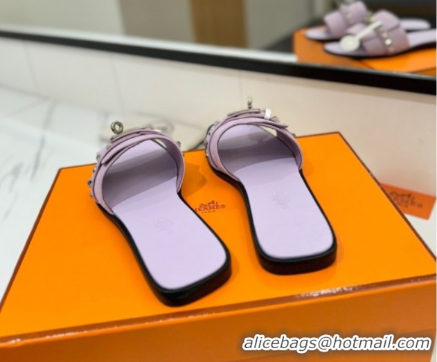 Unique Style Hermes Giulia Flat Slides Sandal in Suede with Kelly Buckle and Studs Purple 0421027