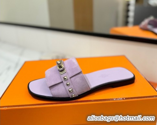 Unique Style Hermes Giulia Flat Slides Sandal in Suede with Kelly Buckle and Studs Purple 0421027