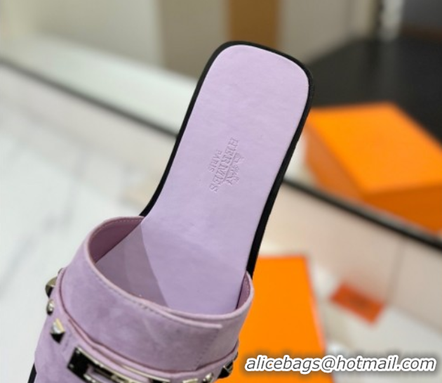 Unique Style Hermes Giulia Flat Slides Sandal in Suede with Kelly Buckle and Studs Purple 0421027