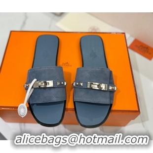 Best Product Hermes Giulia Flat Slides Sandal in Suede with Kelly Buckle and Studs Grey 0421028