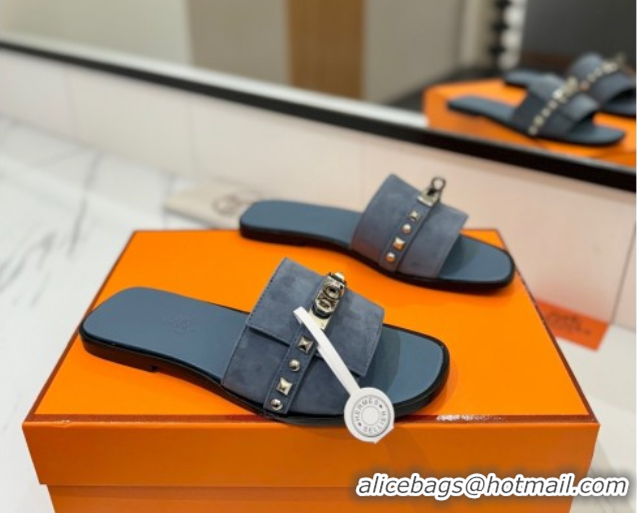 Best Product Hermes Giulia Flat Slides Sandal in Suede with Kelly Buckle and Studs Grey 0421028