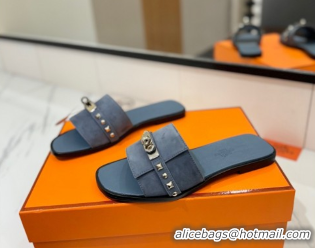 Best Product Hermes Giulia Flat Slides Sandal in Suede with Kelly Buckle and Studs Grey 0421028
