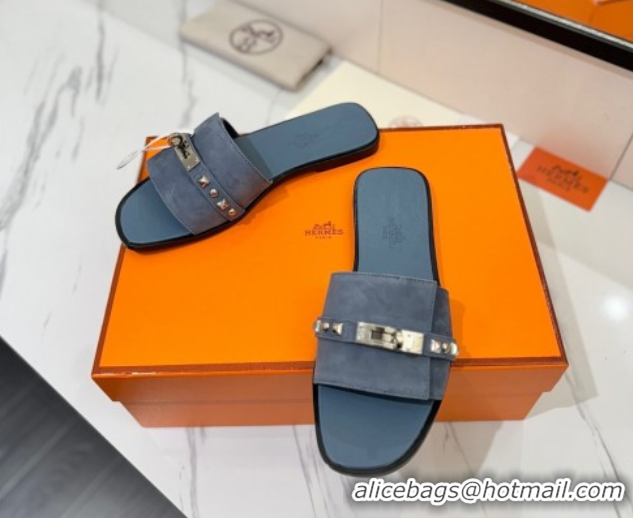 Best Product Hermes Giulia Flat Slides Sandal in Suede with Kelly Buckle and Studs Grey 0421028