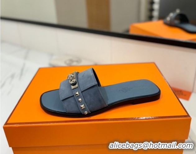 Best Product Hermes Giulia Flat Slides Sandal in Suede with Kelly Buckle and Studs Grey 0421028