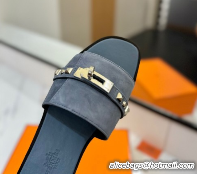 Best Product Hermes Giulia Flat Slides Sandal in Suede with Kelly Buckle and Studs Grey 0421028