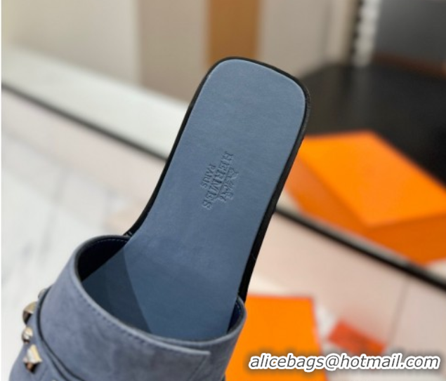 Best Product Hermes Giulia Flat Slides Sandal in Suede with Kelly Buckle and Studs Grey 0421028