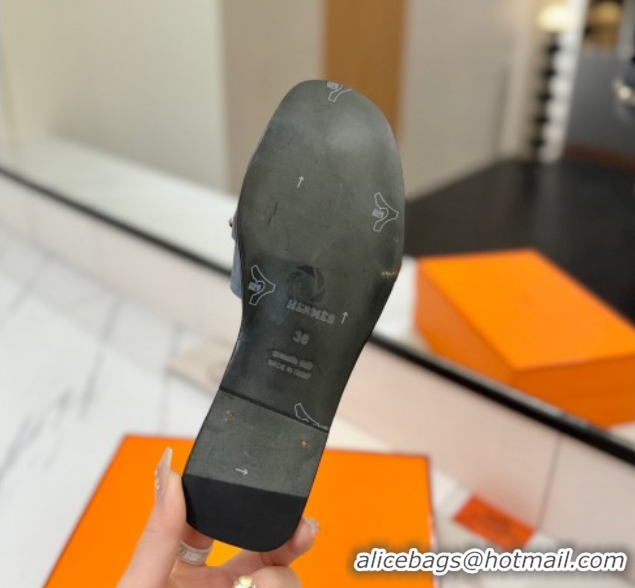 Best Product Hermes Giulia Flat Slides Sandal in Suede with Kelly Buckle and Studs Grey 0421028