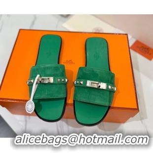 Durable Hermes Giulia Flat Slides Sandal in Suede with Kelly Buckle and Studs Green 0421029