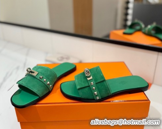 Durable Hermes Giulia Flat Slides Sandal in Suede with Kelly Buckle and Studs Green 0421029