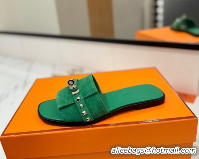 Durable Hermes Giulia Flat Slides Sandal in Suede with Kelly Buckle and Studs Green 0421029
