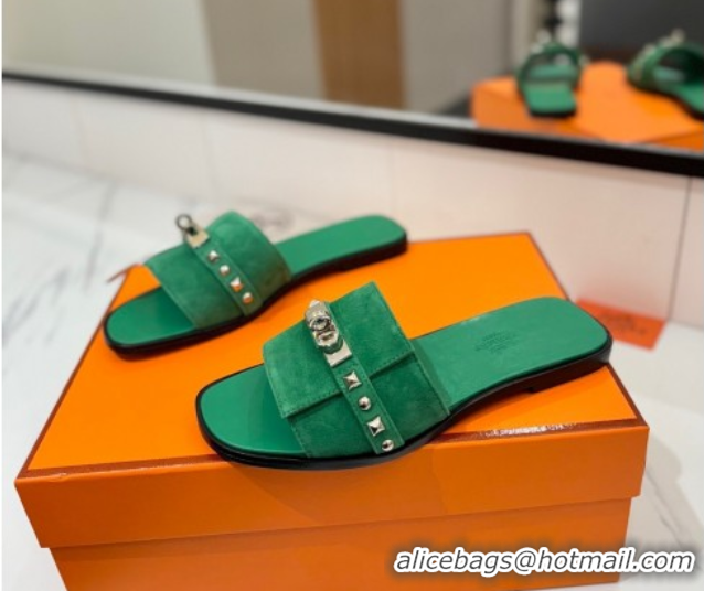 Durable Hermes Giulia Flat Slides Sandal in Suede with Kelly Buckle and Studs Green 0421029