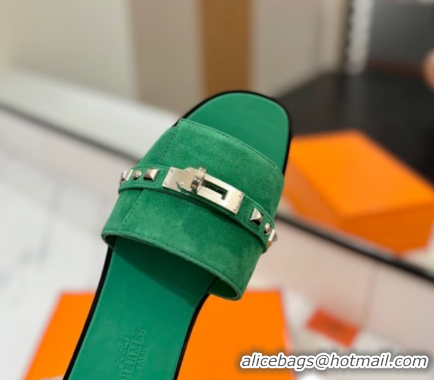 Durable Hermes Giulia Flat Slides Sandal in Suede with Kelly Buckle and Studs Green 0421029