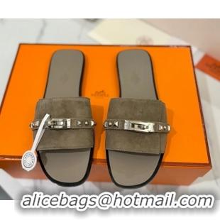 Luxury Cheap Hermes Giulia Flat Slides Sandal in Suede with Kelly Buckle and Studs Grey 0421030