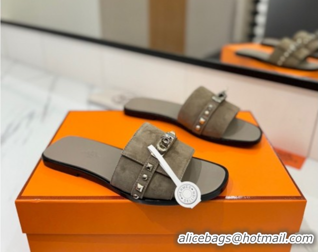 Luxury Cheap Hermes Giulia Flat Slides Sandal in Suede with Kelly Buckle and Studs Grey 0421030