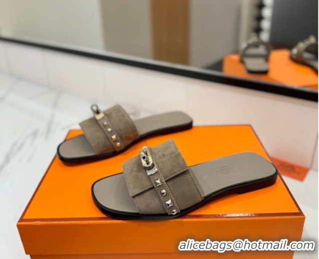 Luxury Cheap Hermes Giulia Flat Slides Sandal in Suede with Kelly Buckle and Studs Grey 0421030
