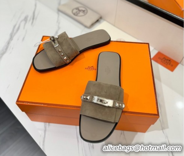 Luxury Cheap Hermes Giulia Flat Slides Sandal in Suede with Kelly Buckle and Studs Grey 0421030