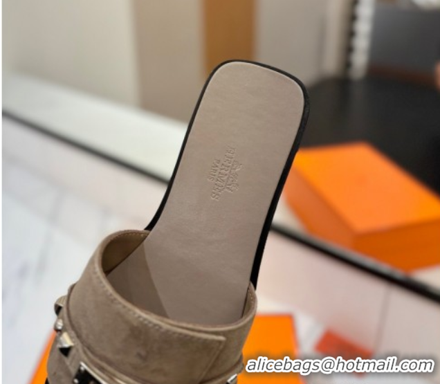 Luxury Cheap Hermes Giulia Flat Slides Sandal in Suede with Kelly Buckle and Studs Grey 0421030