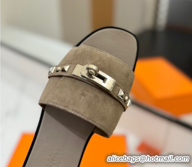 Luxury Cheap Hermes Giulia Flat Slides Sandal in Suede with Kelly Buckle and Studs Grey 0421030