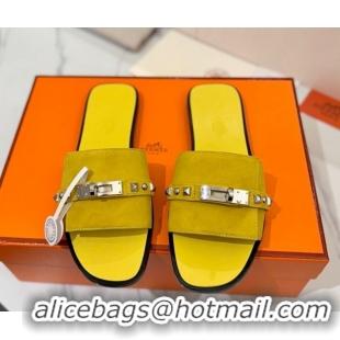 Luxury Hermes Giulia Flat Slides Sandal in Suede with Kelly Buckle and Studs Yellow 0421031