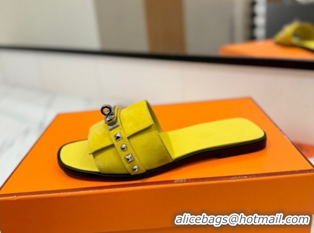 Luxury Hermes Giulia Flat Slides Sandal in Suede with Kelly Buckle and Studs Yellow 0421031