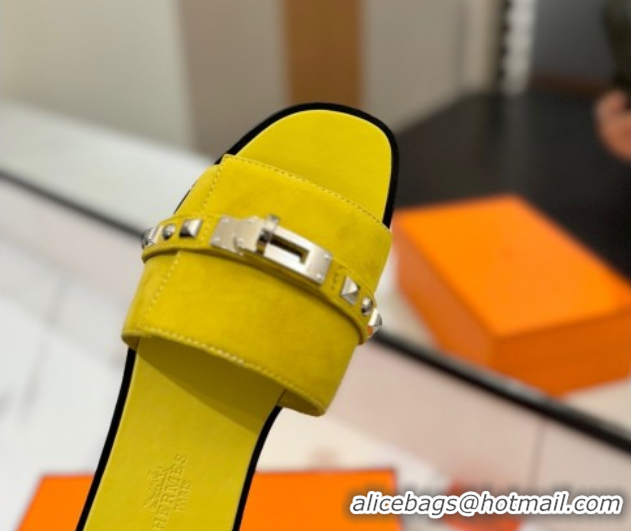 Luxury Hermes Giulia Flat Slides Sandal in Suede with Kelly Buckle and Studs Yellow 0421031