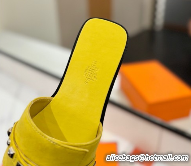 Luxury Hermes Giulia Flat Slides Sandal in Suede with Kelly Buckle and Studs Yellow 0421031