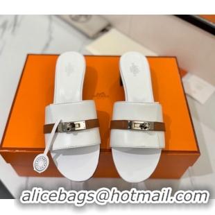Top Design Hermes Gigi Heel Slides Sandal 4.5cm in Calfskin Leather with Kelly Buckle White 0421032