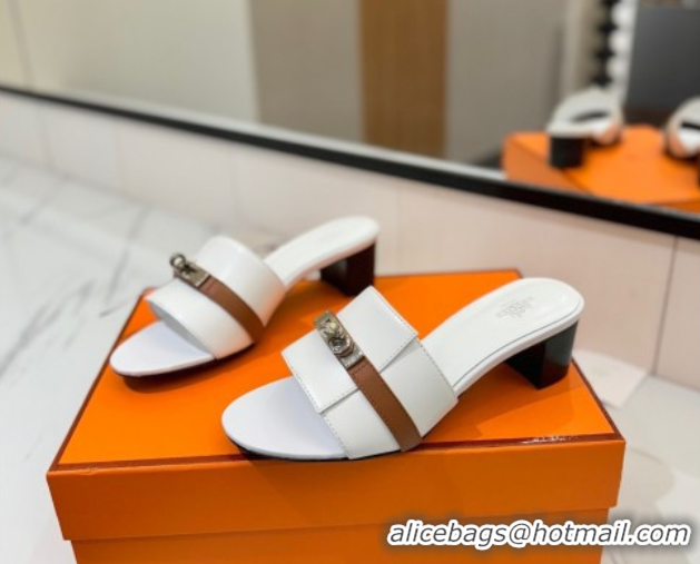 Top Design Hermes Gigi Heel Slides Sandal 4.5cm in Calfskin Leather with Kelly Buckle White 0421032
