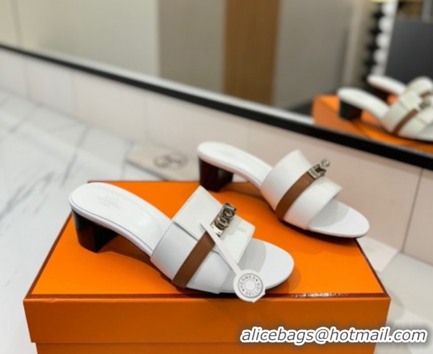 Top Design Hermes Gigi Heel Slides Sandal 4.5cm in Calfskin Leather with Kelly Buckle White 0421032