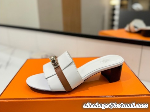 Top Design Hermes Gigi Heel Slides Sandal 4.5cm in Calfskin Leather with Kelly Buckle White 0421032