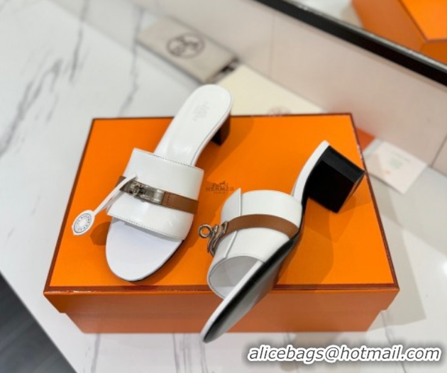 Top Design Hermes Gigi Heel Slides Sandal 4.5cm in Calfskin Leather with Kelly Buckle White 0421032