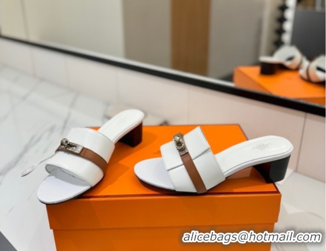 Top Design Hermes Gigi Heel Slides Sandal 4.5cm in Calfskin Leather with Kelly Buckle White 0421032