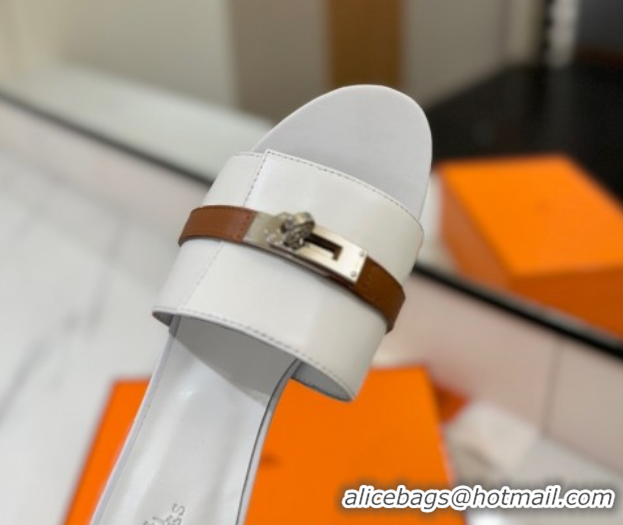 Top Design Hermes Gigi Heel Slides Sandal 4.5cm in Calfskin Leather with Kelly Buckle White 0421032