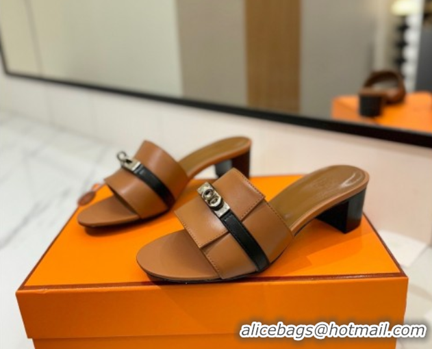 Sumptuous Hermes Gigi Heel Slides Sandal 4.5cm in Calfskin Leather with Kelly Buckle Brown 0421033