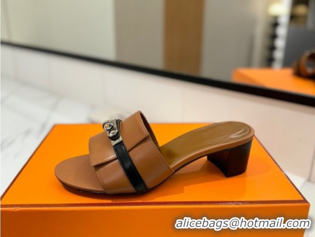 Sumptuous Hermes Gigi Heel Slides Sandal 4.5cm in Calfskin Leather with Kelly Buckle Brown 0421033