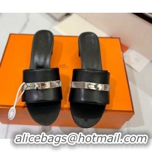 Grade Quality Hermes Gigi Heel Slides Sandal 4.5cm in Calfskin Leather with Kelly Buckle Black 0421034