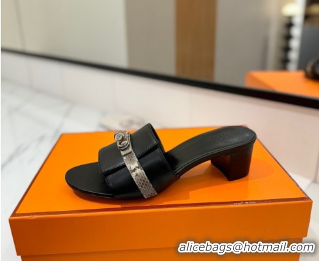 Grade Quality Hermes Gigi Heel Slides Sandal 4.5cm in Calfskin Leather with Kelly Buckle Black 0421034