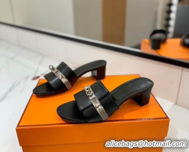 Grade Quality Hermes Gigi Heel Slides Sandal 4.5cm in Calfskin Leather with Kelly Buckle Black 0421034