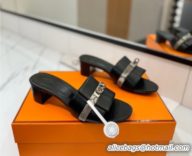 Grade Quality Hermes Gigi Heel Slides Sandal 4.5cm in Calfskin Leather with Kelly Buckle Black 0421034