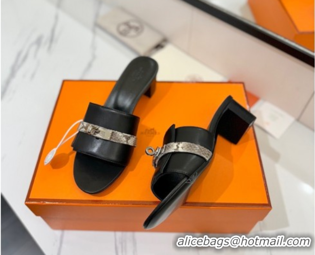 Grade Quality Hermes Gigi Heel Slides Sandal 4.5cm in Calfskin Leather with Kelly Buckle Black 0421034