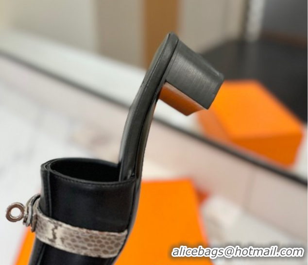 Grade Quality Hermes Gigi Heel Slides Sandal 4.5cm in Calfskin Leather with Kelly Buckle Black 0421034