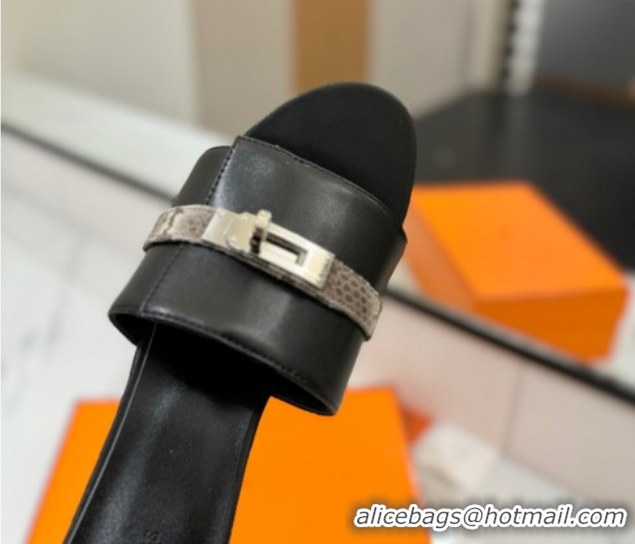 Grade Quality Hermes Gigi Heel Slides Sandal 4.5cm in Calfskin Leather with Kelly Buckle Black 0421034