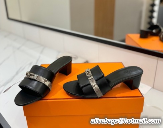 Grade Quality Hermes Gigi Heel Slides Sandal 4.5cm in Calfskin Leather with Kelly Buckle Black 0421034