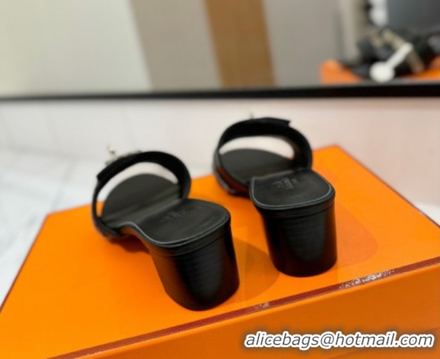 Grade Quality Hermes Gigi Heel Slides Sandal 4.5cm in Calfskin Leather with Kelly Buckle Black 0421034