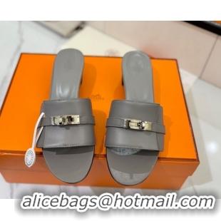 Top Grade Hermes Gigi Heel Slides Sandal 4.5cm in Smooth Calfskin with Kelly Buckle Grey 0421035