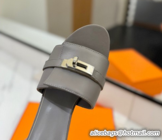 Top Grade Hermes Gigi Heel Slides Sandal 4.5cm in Smooth Calfskin with Kelly Buckle Grey 0421035
